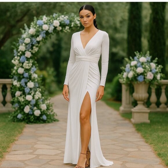 MAC DUGGAL Dress Size 10 Evening Gown White V-Neck Long Sleeve High Slit - Picture 1 of 7
